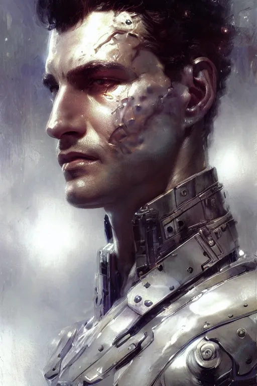 Prompt: sergey chaly closeup portrait futuristic fractal fightsuit gaston bussiere craig mullins j. c. leyendecker short wet hair richard avedon peter lindbergh monochrome studio lighting