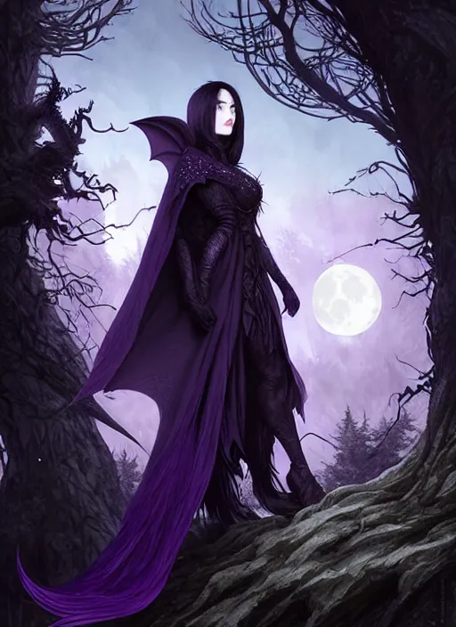 Image similar to moon in the background, side portrait dark witch, adventurer outfit large cloak, fantasy forest landscape, dragon scales, fantasy magic, undercut hairstyle, short purple black fade hair, dark light night, intricate, elegant, sharp focus, illustration, highly detailed, digital painting, concept art, matte, art by WLOP and Artgerm and Greg Rutkowski and Alphonse Mucha, masterpiece