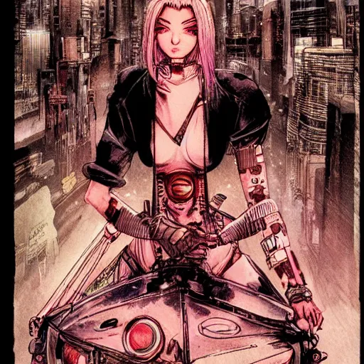 Prompt: android, killer - girl on car, 1 / 6 katsuya terada, style of cyberpunk, night, city,