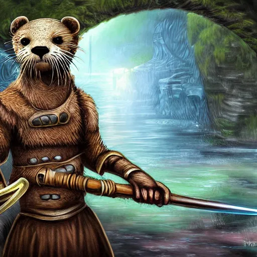 Image similar to furry otter warrior, fantasy art, lightweight armour, near the river, waterfall, digital art, high quality