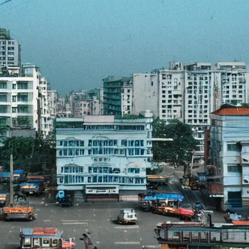 Prompt: Wes Anderson film still in Saigon without people. Establishing shot. 8k resolution. Pastel. Sharp. Whimsical.