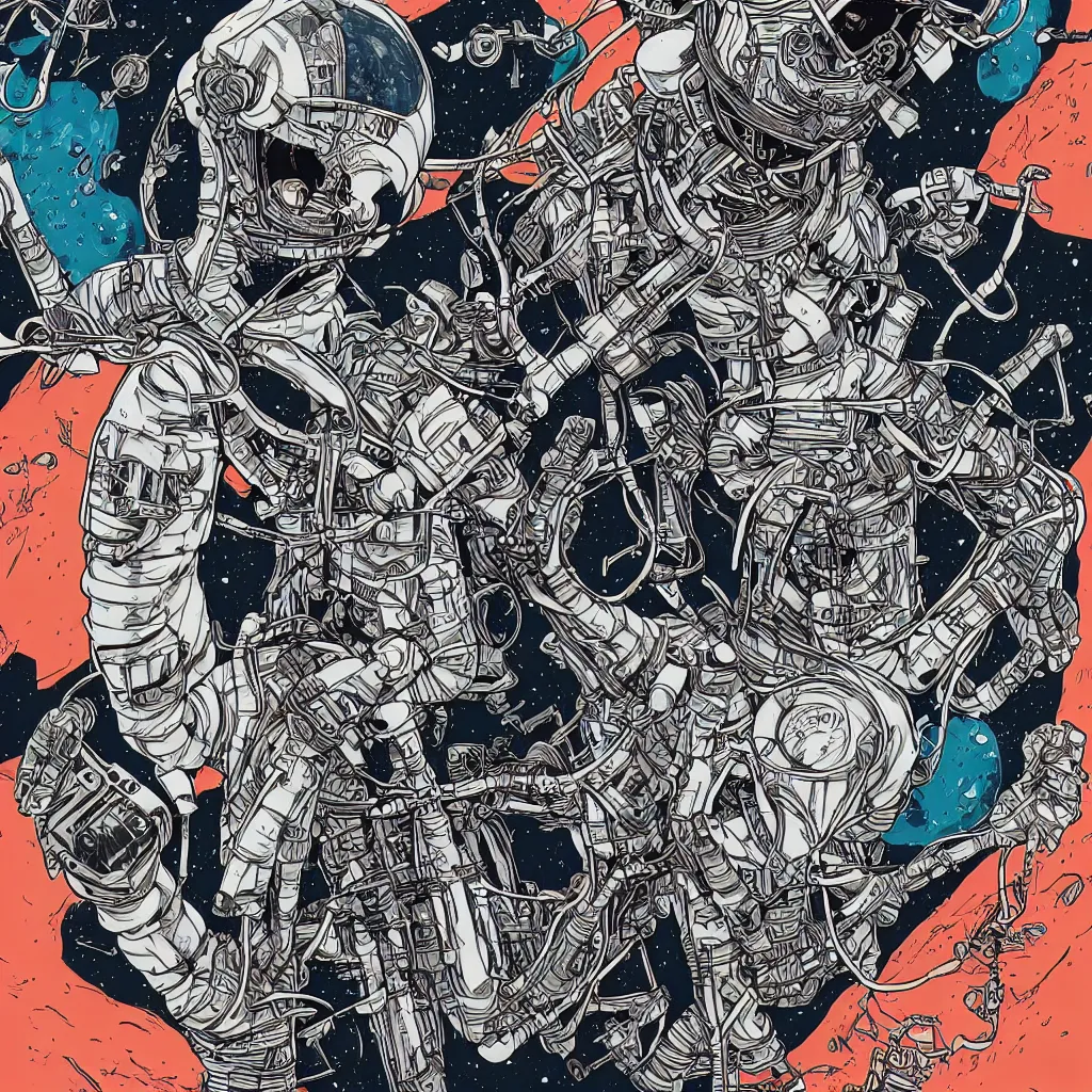 Image similar to cosmonaut skeleton tearing his space suit off laurie greasley masterpiece hyper realism, intricate detail, extremely detailed vivid colors