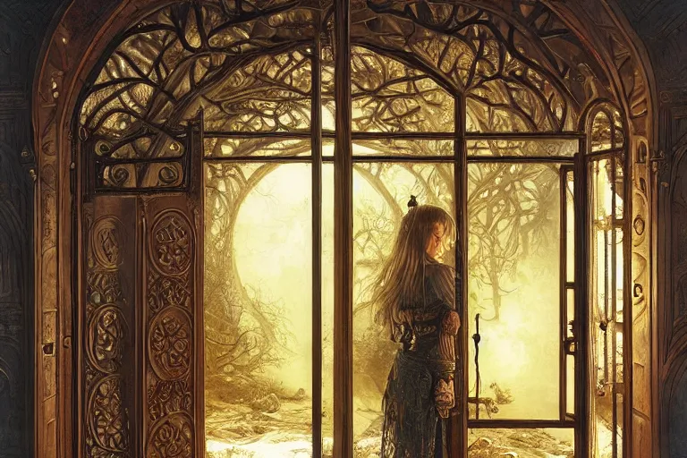 Image similar to large rustic intricately decorated wooden double door, metal handles, a view to a fantasy world, strong eerie back light, mist, fantasy art by james c christensen, norisyoshi ohrai, john hove