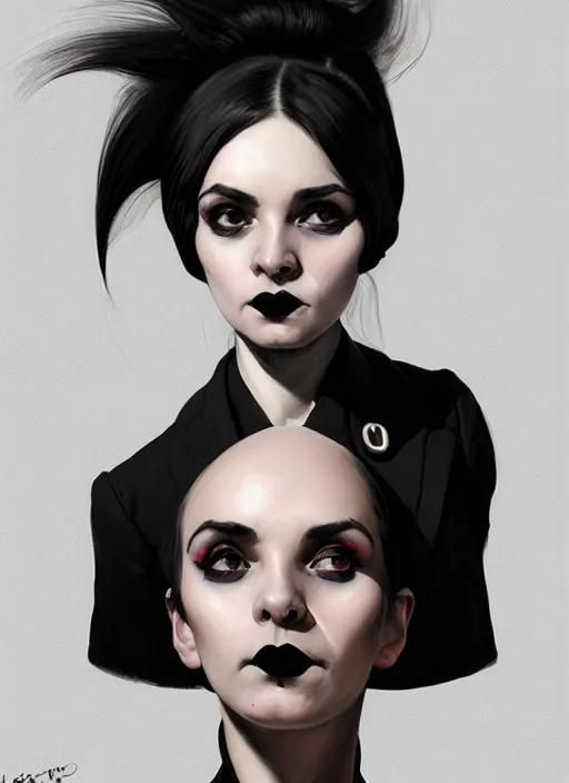 Image similar to portrait of a short woman with a crooked nose and a confident expression, 1 9 6 0 s, black clothes, goth, punk, funk, intricate, elegant, highly detailed, digital painting, artstation, concept art, smooth, sharp focus, illustration, art by wlop, mars ravelo and greg rutkowski