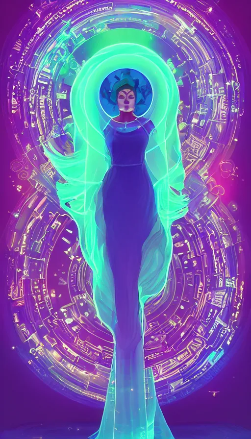 Prompt: goddess of illusion, beautiful, stunning, breathtaking, mirrors, glass, magic circle, magic doorway, fantasy, mist, bioluminescence, hyper - realistic, unreal engine, by kurzgesagt,