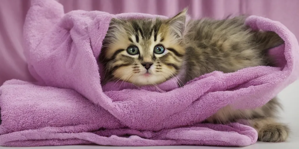 Prompt: oil painting of a fluffy tabby kitten wrapped in a pink towel, product photography of a shower curtain, product lighting. 4 k, highly detailed. saturated.