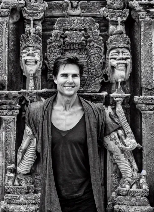 Prompt: a photo of tom cruise in temple of bali, perfect faces, award winning photography, 50 mm