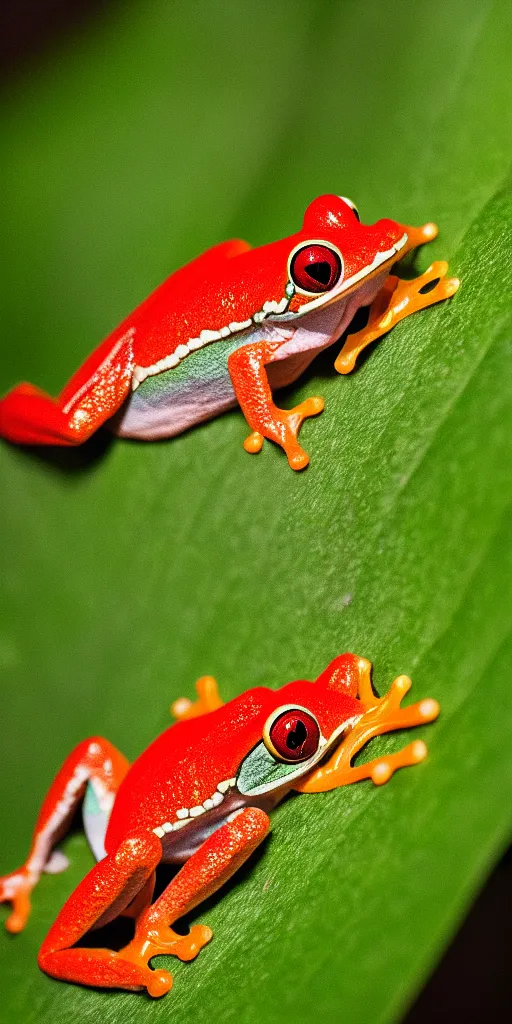 Image similar to macro photo of a red-eyed tree frog on a leaf, Nikon D810, ƒ/5.0, focal length: 46.0 mm, Exposure time: 1/60, ISO: 400, hyper-detailed, award-winning National Geographic photo