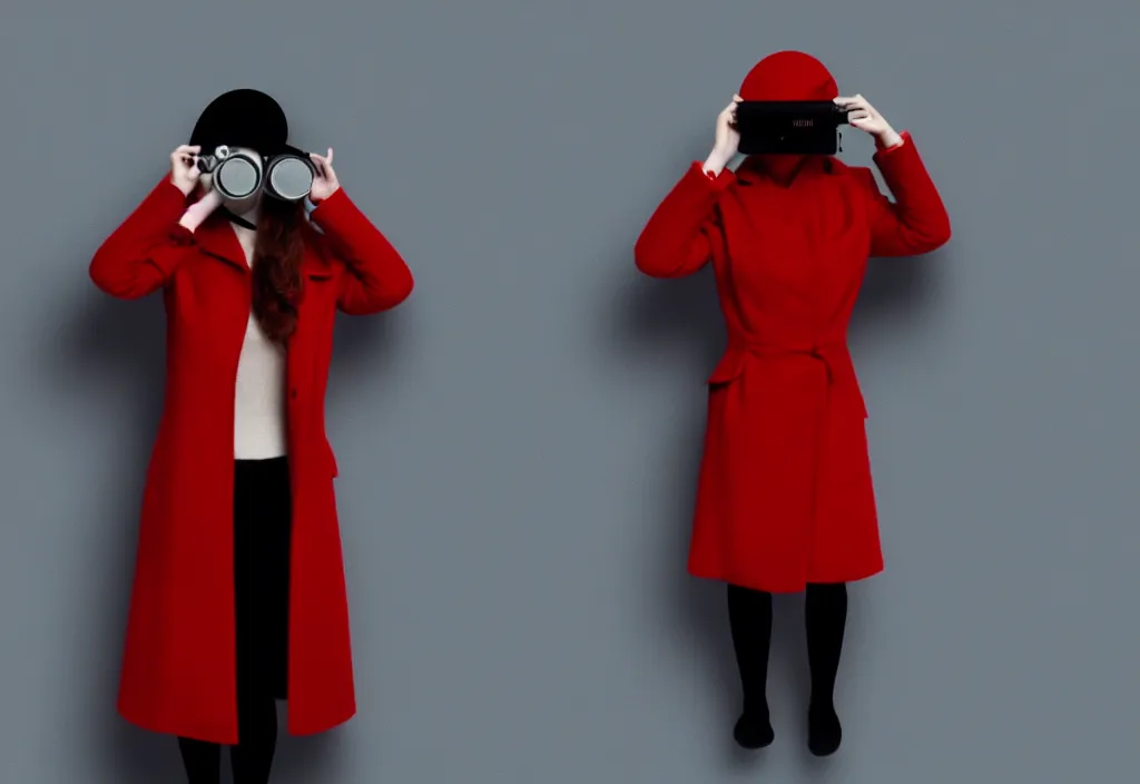 Image similar to young european woman in a long red coat peering through binoculars, portait, in the style of wes anderson, rene magritte, lola dupre, david hockney, isolated on white background, dark monochrome neon spraypaint accents octane render