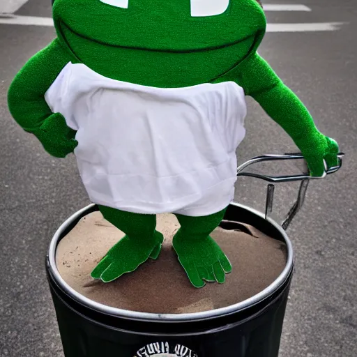 Prompt: pepe the frog standing in a trash can