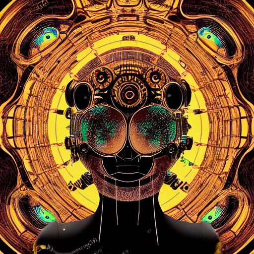 Prompt: hyperdetailed portrait of a psychedelic steampunk robot head, 8 k, symetrical, halluzinogenic, meditative, black background