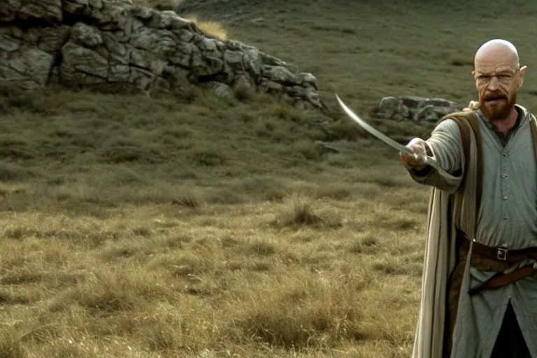 Image similar to film still of walter white as gandalf in the fellowship of the ring, cinematic, movie frame, rule of thirds, 8 k