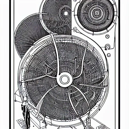 Prompt: Simplistic coloring book of a turbine blueprint, black ball pen on white paper, by Josan Gonzalez and Geof Darrow