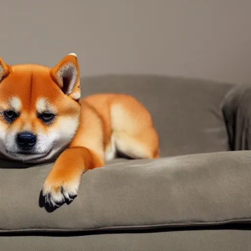 Prompt: a Shiba Inu wearing a green hoodie sitting on a couch, photo, trending on artstation, HDR, nicely detailed, 8k