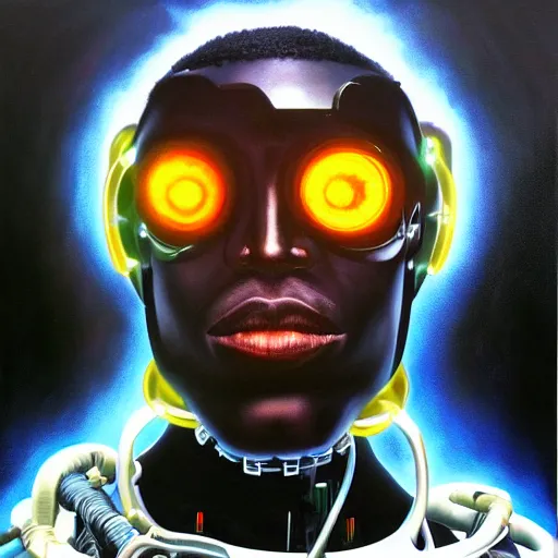 Image similar to a realistic oil painting of a black man as a cybernetic cyborg, surrealism portrait, surrealism album cover