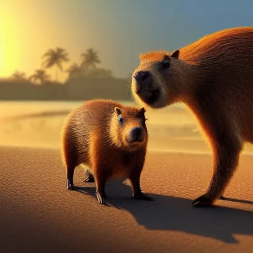 Image similar to “two best friend capybara and bunny with black spots on face and nose, on a beach with blue water and white sand, swaying palms, photorealistic render, colorful sunset, unreal engine 5, dynamic lighting, trending on artstation,”