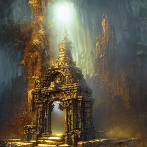 Prompt: stone structure holding a brightly shining energy beam, intricate details, ornate, ancient forest, vibrant atmospheric colors, D&D, Magic The Gathering, by Craig Mullins, volumetric lighting,