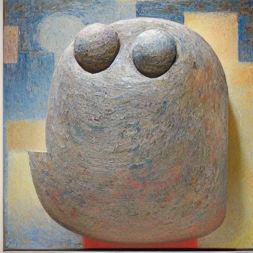 Image similar to detailed impasto painting by shaun tan and louise bourgeois of an abstract forgotten sculpture by ivan seal and the caretaker