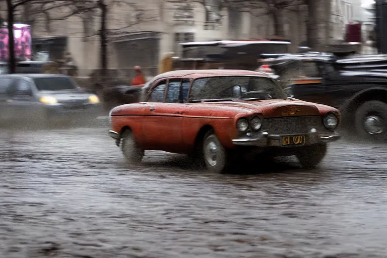 Prompt: street photography by saul leiter, in a muddy new york high quality street, award winning photo of an ultra detailed dirty high quality vintage ford car speeding very fast on mud, fast shutter speed, motion blur, tiny gaussian blur, highly detailed, highly intricate, depth of field, trending on top gear