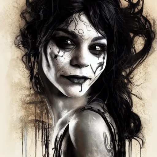 Image similar to beautiful portrait of vanessa hudgens as death from sandman, smiling, by cedric peyravernay, alphonse mucha, by jeremy mann, by lecouffe deharme, goth chic, soft lightning, eyeliner, punk rock, high detailed, 8 k