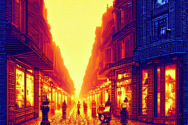 Image similar to a city street in paris under the dark sun, beautiful detailed pixelart by albertov, intricate details, beautiful, dithered gradients, volumetric lighting, cgsociety, artstation, smooth, sharp focus, 2 d illustration, amazing art by dan mumford