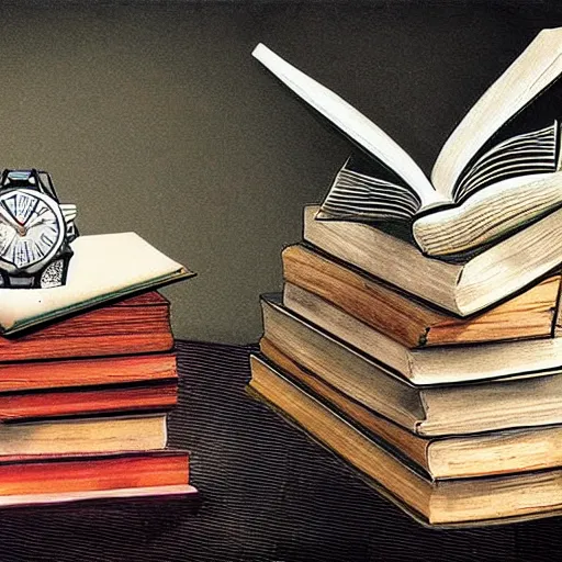 Prompt: surreal artwork of books and a watch illustrating how fast time pass, digital painting, vivid colours