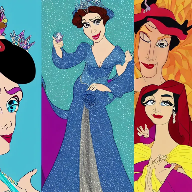 Image similar to Norma Desmond as a Disney Princess, in the style of a colorful Disney cartoon