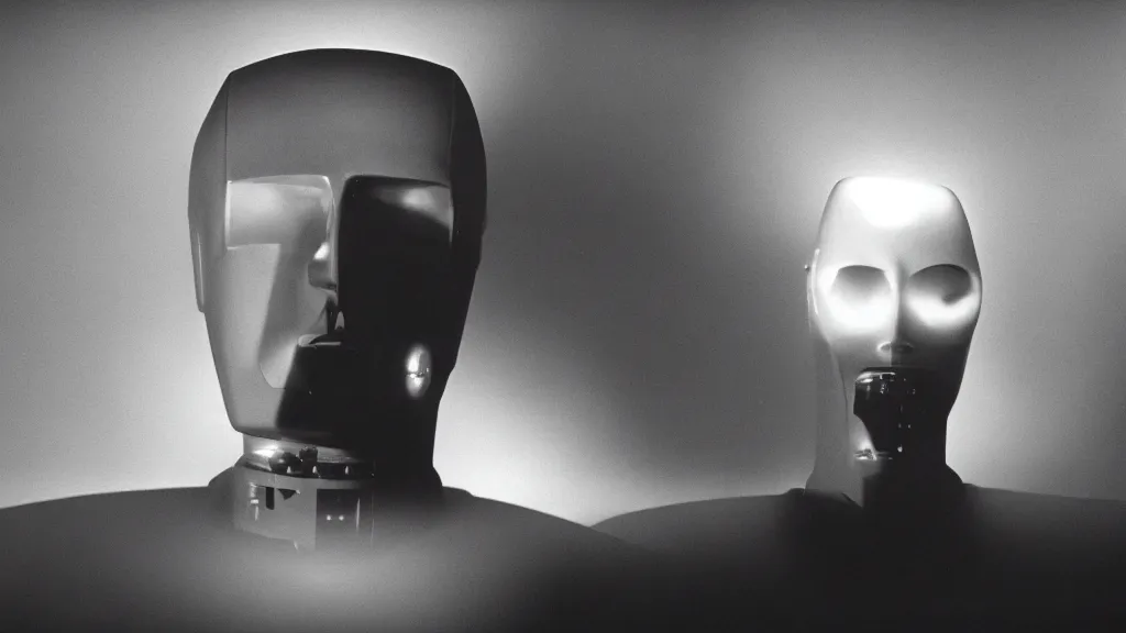 Prompt: The robot head man, movie still, cinematic composition, cinematic light, by David Lynch