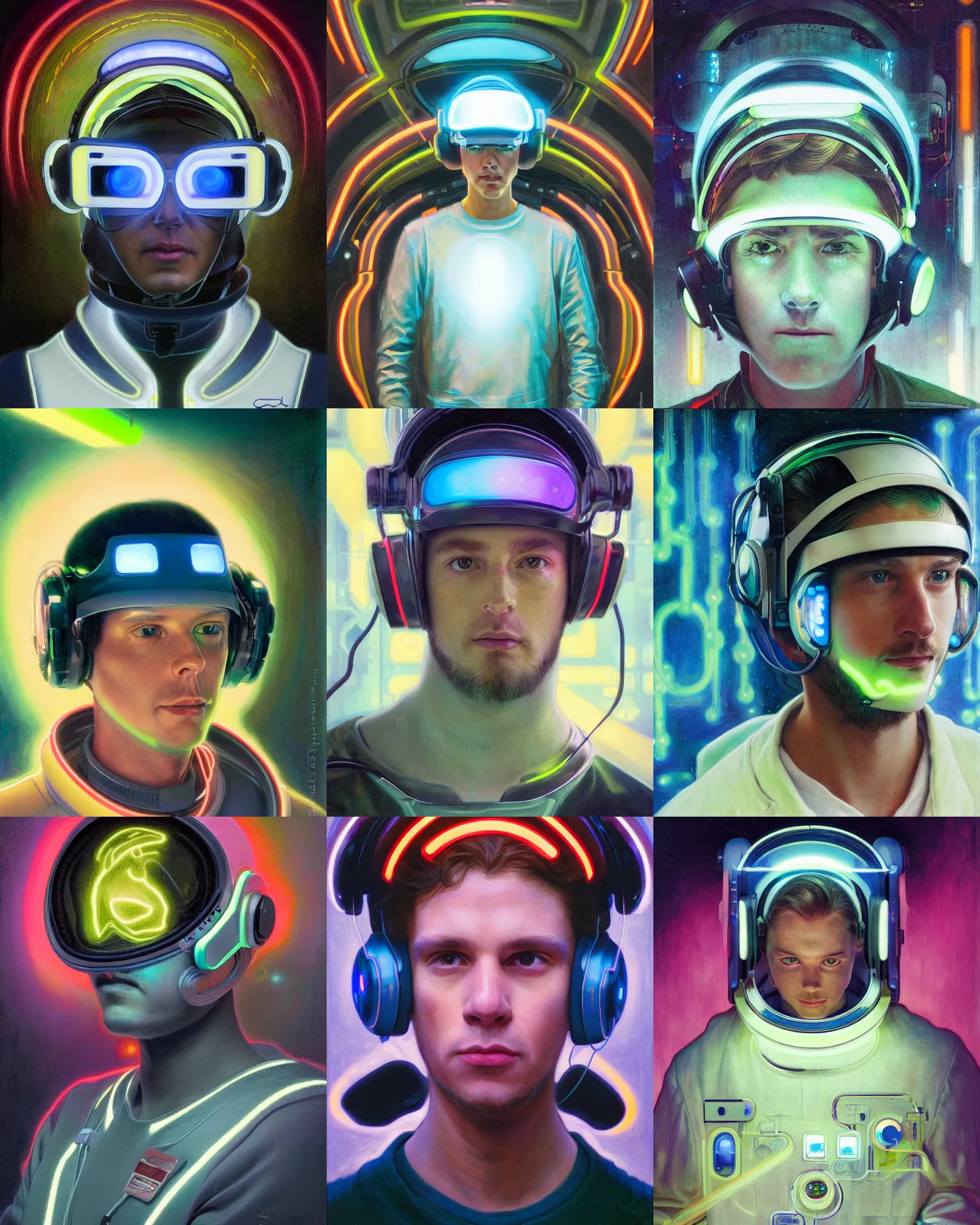 Prompt: future coder looking on, glowing visor over eyes with sleek neon headset, neon accents, desaturated headshot portrait painting by donato giancola, dean cornwall, rhads, edmund dulac, alex grey, alphonse mucha, astronaut cyberpunk electric fashion photography white stubble 8 5 mm