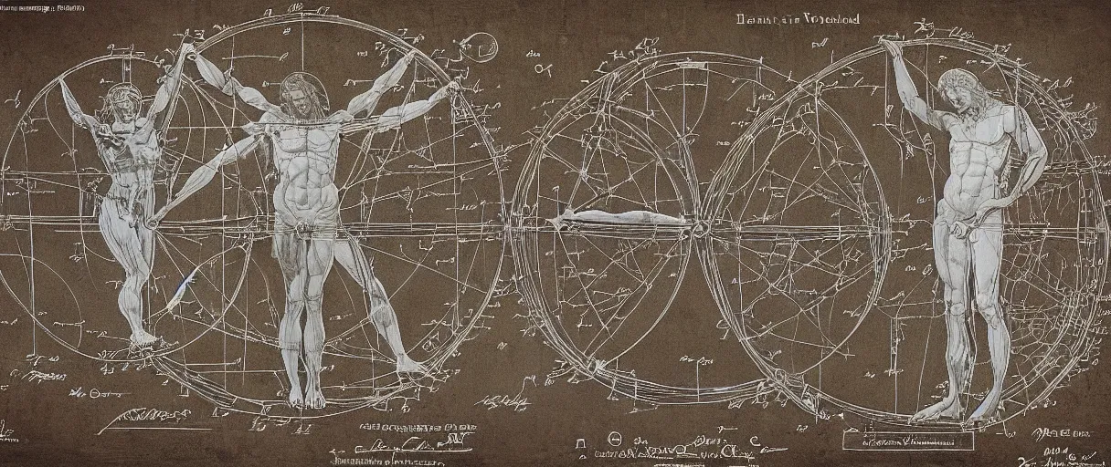 Prompt: a side-by-side leonardo davinci sketch of hypothethical creativity amplifcation devices worn by a vitruvian man and vitruvian woman, intricately detailed, in the style of a patent diagram