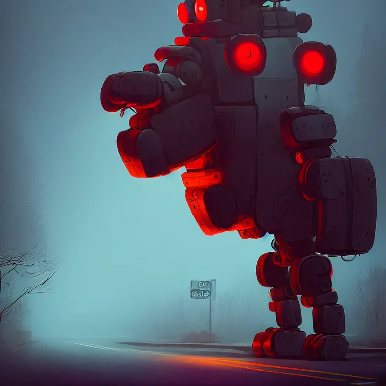 Prompt: a giant freddy fazbear robot animatronic bear in the middle of a foggy street, award - winning art by simon stalenhag, trending on artstation