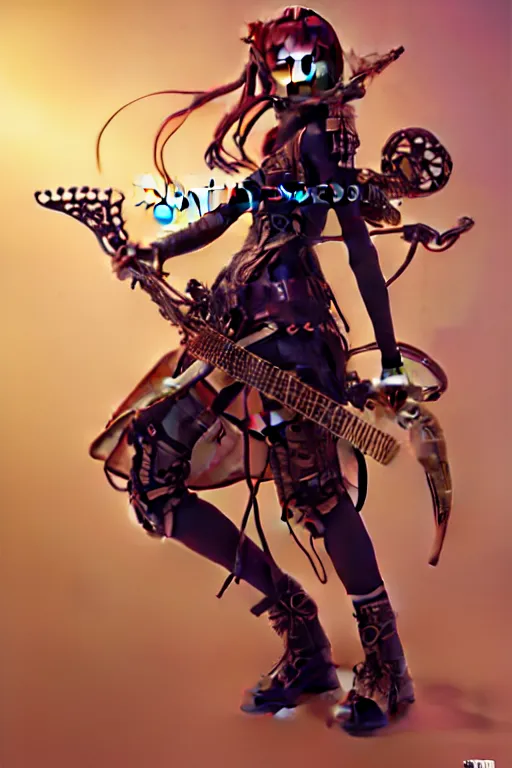 Prompt: full body beautiful young steampunk anime warrior girl playing a strange guitar , wearing detailed armour, intrica details, pretty face, realistic shaded Perfect face, insane action pose, steampunk, cyberpunk, highly detailed, artstation, illustration by Ilya Kuvshinov and alphonse mucha Greg Rutkowski, dynamic light, morning