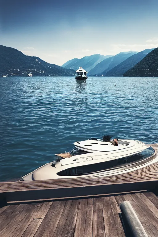 Image similar to Photo of a Riva Aquarama floating near a dock with Lake Como in the background, wide shot, daylight, blue sky, summer, dramatic lighting, award winning, highly detailed, 1980s, luxury lifestyle, fine art print, best selling.