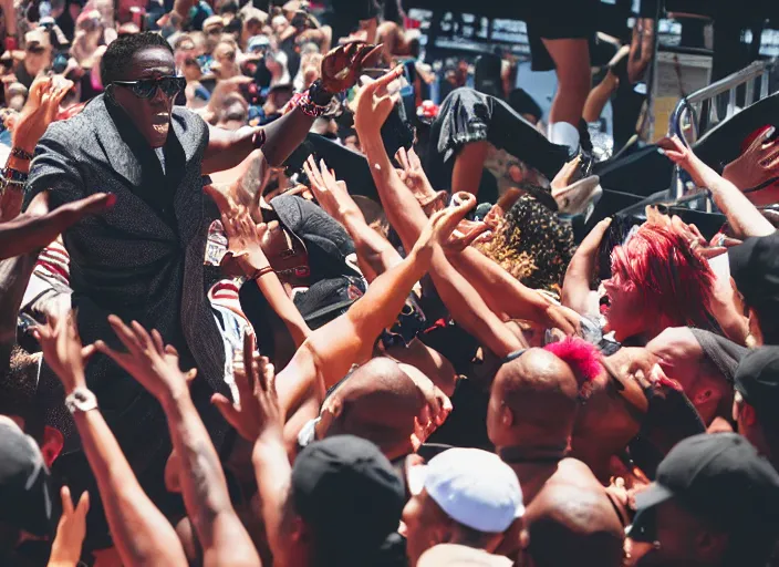 Image similar to photo still of wesley snipes as simon phoenix on stage at vans warped tour!!!!!!!! at age 3 3 years old 3 3 years of age!!!!!!!! stage diving into the crowd, 8 k, 8 5 mm f 1. 8, studio lighting, rim light, right side key light