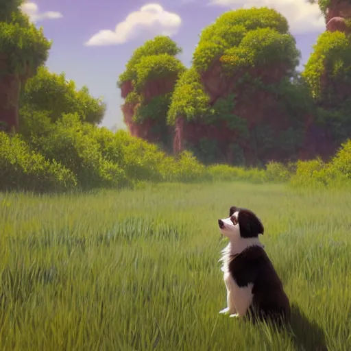 Image similar to a wholesome animation key shot of australian shepherd puppy, studio ghibli, pixar and disney animation, sharp, rendered in unreal engine 5, anime key art by greg rutkowski, bloom, dramatic lighting