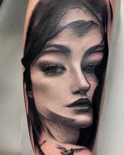 Image similar to tattoo design sketch of a beautiful woman face blended with a faded background of beautiful mountains and nature on her side, hyper - realistic, in the style of den yakovlev, amazing detail, black and white