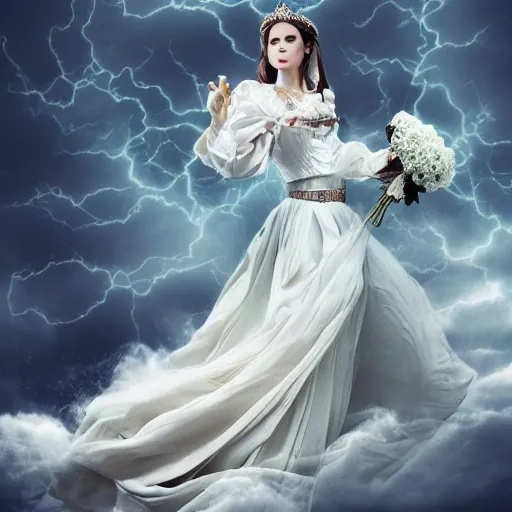 Image similar to a queen with a white large magnificent more and more vaporous ,wrapped ,hight decorated,detailed ,white roses cotton dress shooting surrounded by a bouquet of abstract white flowers and clouds during lightning storm ,surrealism 8k