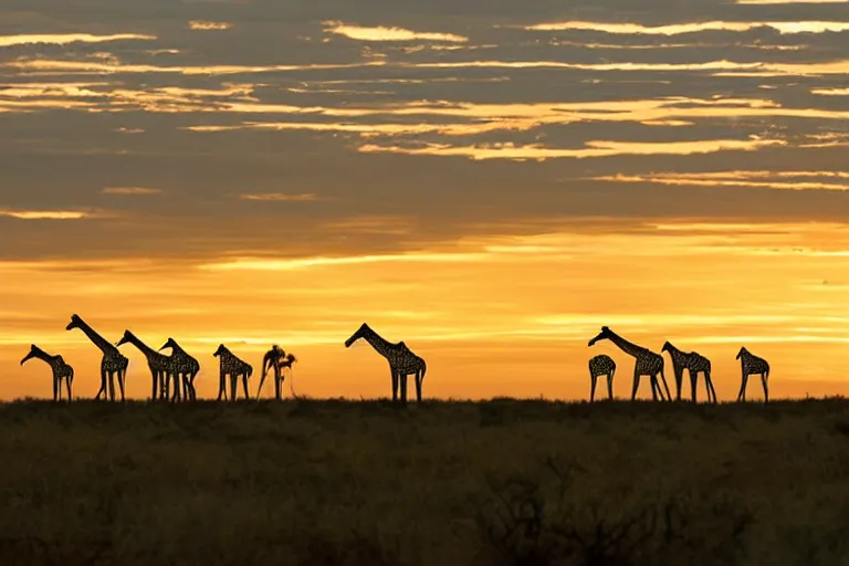 Prompt: a National Geographic nature photography of a horizon at the savanna, the sun just went under, several silhouettes of giraffes are poking their neck out