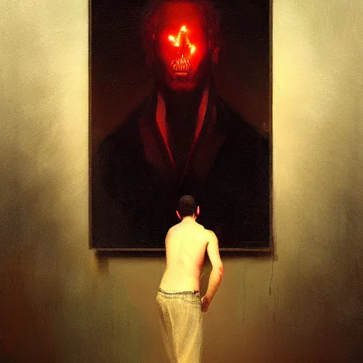 Prompt: UHD photorealistic Man signing his soul over to the devil, in the style of tonalism by Greg Rutkowski, trending on Artstation, hyperrealistic, correct details, symmetrical faces