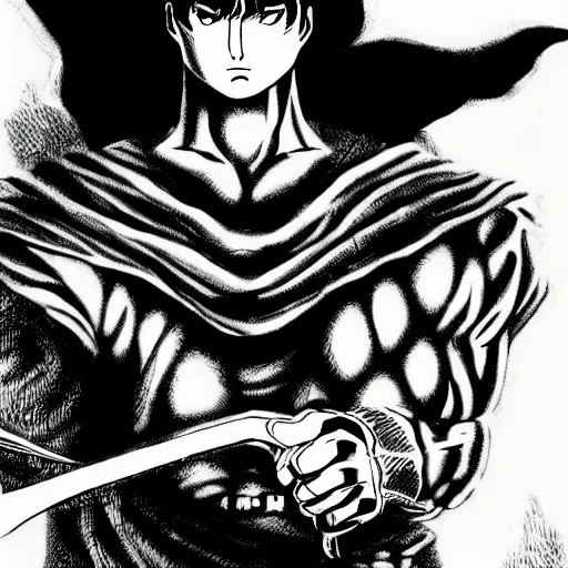 Prompt: pose of guts from berserk in the style of kentaro miura ’ s black and white manga art