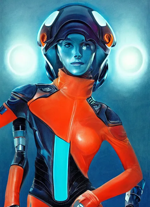 Prompt: symmetry! dynamic pose, closeup portrait of a cyborg racer girl, skintight leather racing jumpsuit, shoulder pads, cinematic light, backlight, teal orange, by gerald brom, clouds by mikhail vrubel, by peter elson, muted colors, extreme detail, trending on artstation, 8 k