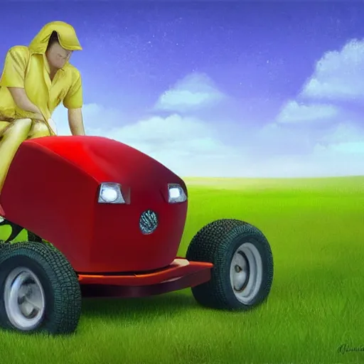 Prompt: a lawnmower car with a bed and computer screens inside, artstation hall of fame gallery, editors choice, #1 digital painting of all time, most beautiful image ever created, emotionally evocative, greatest art ever made, lifetime achievement magnum opus masterpiece, the most amazing breathtaking image with the deepest message ever painted, a thing of beauty beyond imagination or words