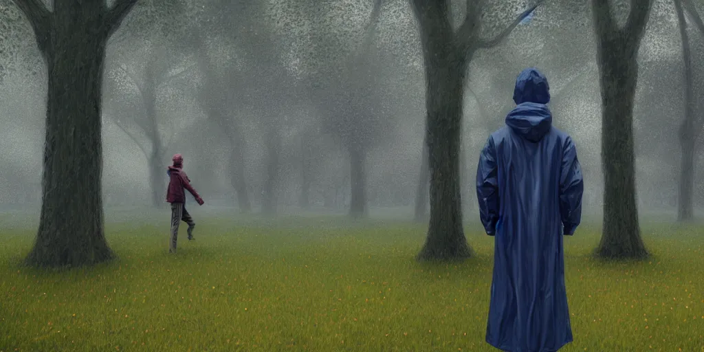 Image similar to man in raincoat in park, hyper detailed, digital art, trending in artstation, cinematic lighting, studio quality, smooth render, unreal engine 5 rendered, octane rendered, art style by klimt and nixeu and ian sprigger and wlop and krenz cushart.