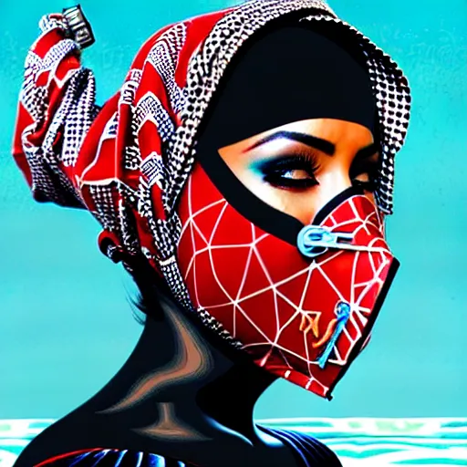 Prompt: a portrait of a saudi woman with side profile blood in ocean intricate details wearing a diver mask by MARVEL comics and Sandra Chevrier-C