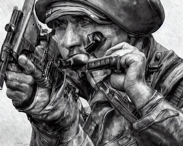 Image similar to A soldier aiming a gun, hateful face, world war 1, close-up, realistic face, beautiful face detail, mature facial features, black and white, amazing digital art, hyper detailed, artstation, in the style of Tony Sart