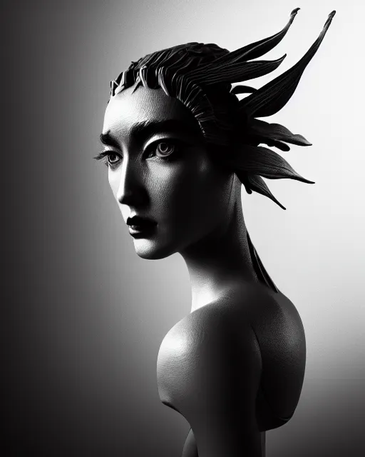 Prompt: surreal mythical dreamy dark artistic black and white fine art photo of a female - orchid - bird - cyborg bust, rim light, cinematic, studio dramatic light, poetic, octane render, 8 k, photo - realistic