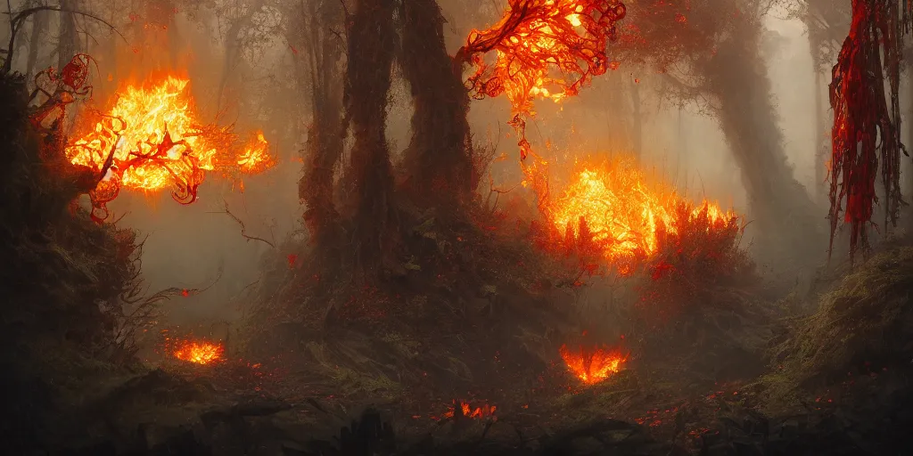 Prompt: A flaming forest , flaming leaves,Magma,flame stones are scattered, flame ferns, flame shrubs, huge flame Fantasy plant,covered in flame porcelain vine, artstation,by Jakub Rozalski, Greg Rutkowski,anthony avon