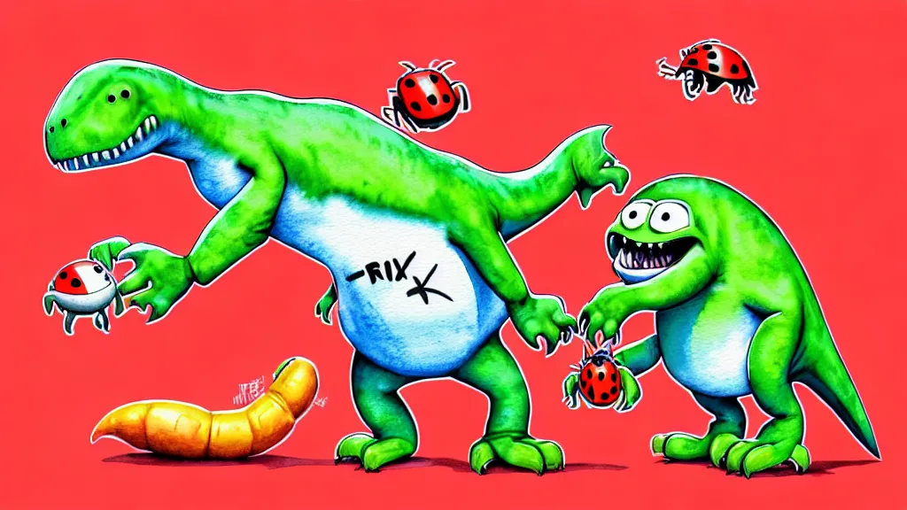 Prompt: cute and funny, t - rex wearing a t - shirt holding hands with a ladybug, autumn, ratfink style by ed roth, centered award winning watercolor pen illustration, isometric illustration by chihiro iwasaki, edited by range murata, tiny details by artgerm and watercolor girl, symmetrically isometrically centered