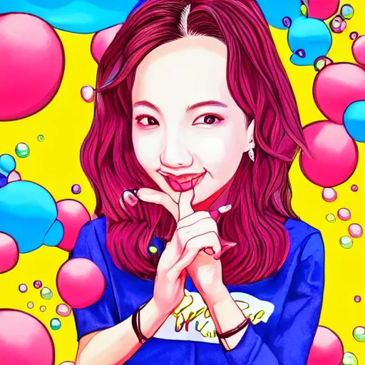 Image similar to an illustration that caricaturizes im nayeon of twice, highly detailed, refined spontaneity, colorful, bubbles, candy - coated, sugary sweet, yellows and blues