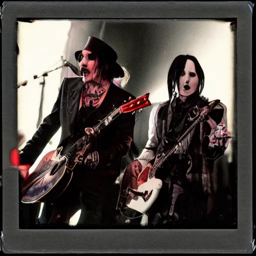 Image similar to A photorealistic polaroid image of Johnny Depp and Marilyn Manson performing together in a band. Trending on Artstation, featured on Behance, well-rendered, intricate, highly detailed, very crispy, Unreal Engine, 4K HD